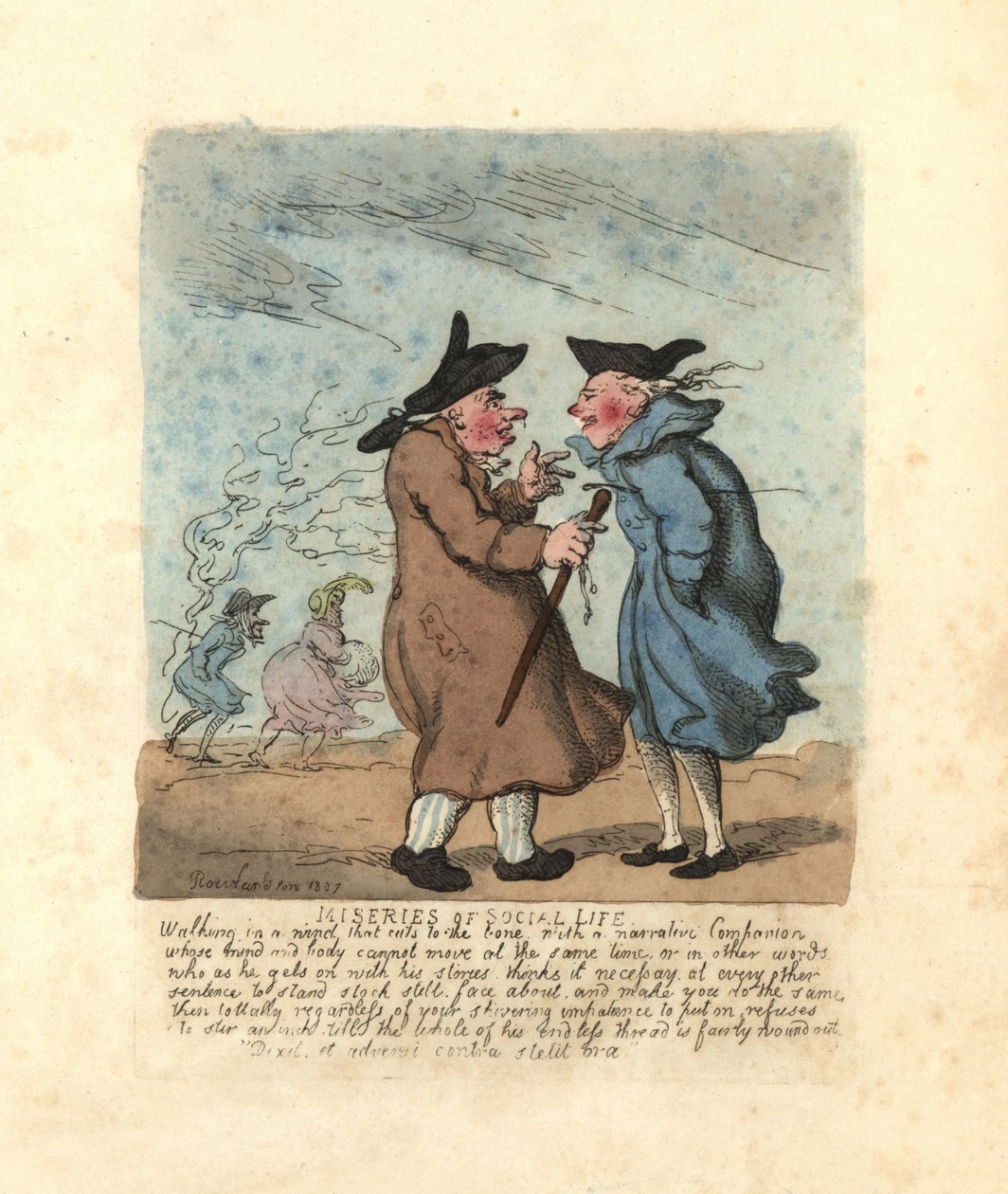 To Regency-mann stoppet for å snakke i en iskald vind. av Thomas Rowlandson