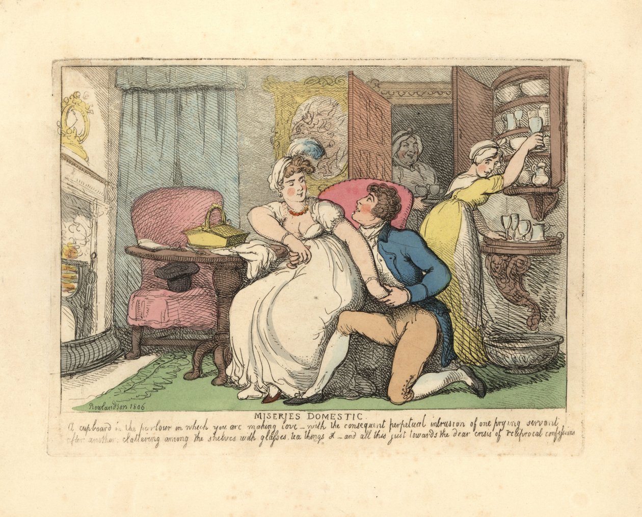 To elskere i en salong forstyrret av nysgjerrige hushjelper. av Thomas Rowlandson