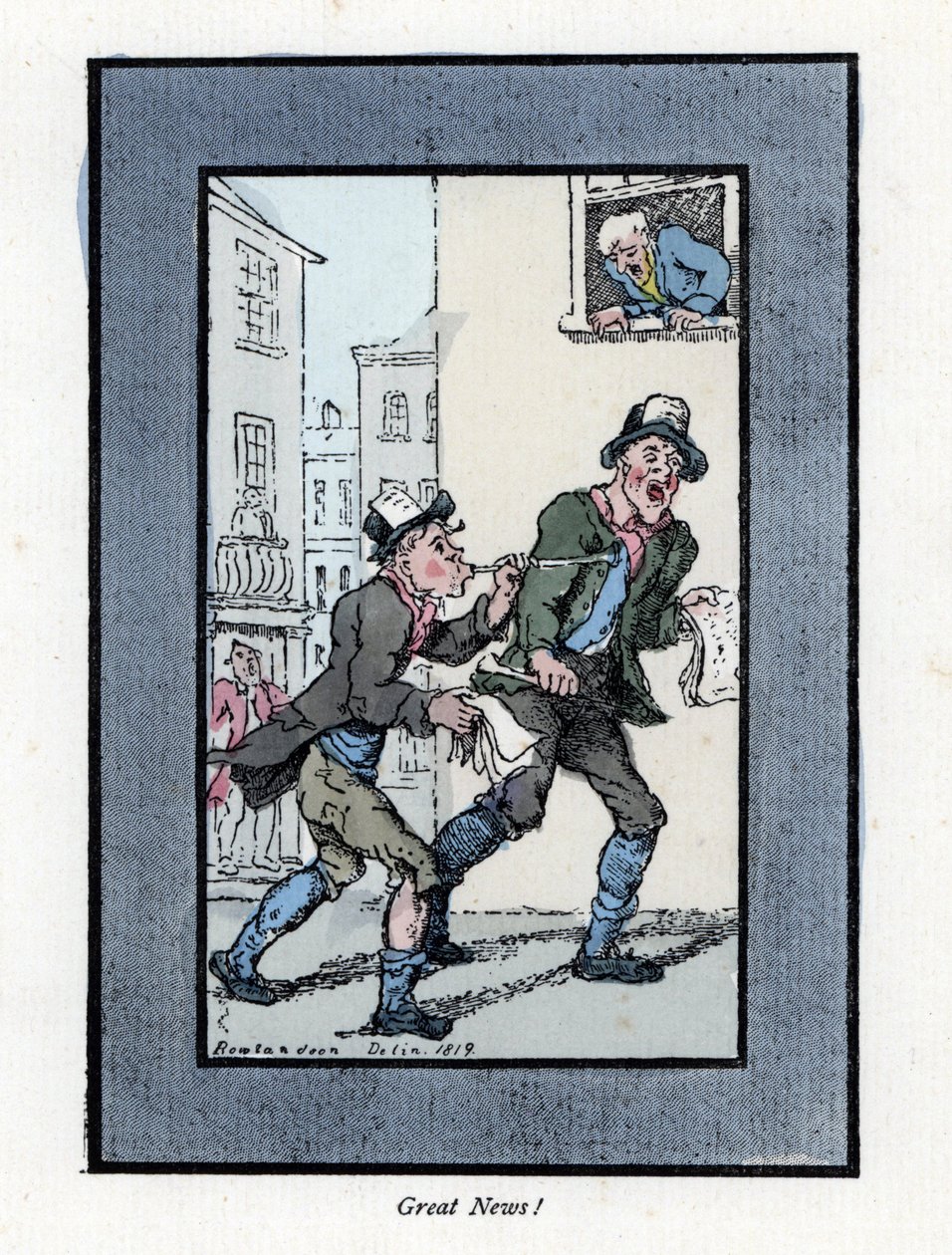 To avisleverandører med lange fløyter som selger aviser i en gate i London. Tregravering, basert på et maleri av Thomas Rowlandson (1756-1827), publisert i The Cris of London: med seks sjarmerende barn og nesten 40 illustrasjoner, av Andrew Tuer, av Thomas Rowlandson