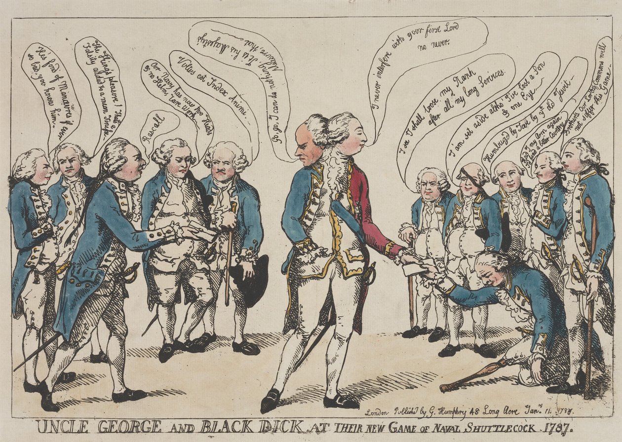 Onkel George og Black Dick i sin nye omgang med «Naval Shuttlecock» av Thomas Rowlandson