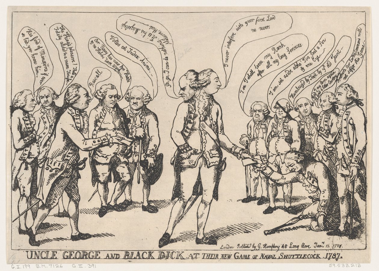 Onkel George og Black Dick på deres New Game of Naval Shuttlecock, 11. januar..., 11. januar 1787. av Thomas Rowlandson
