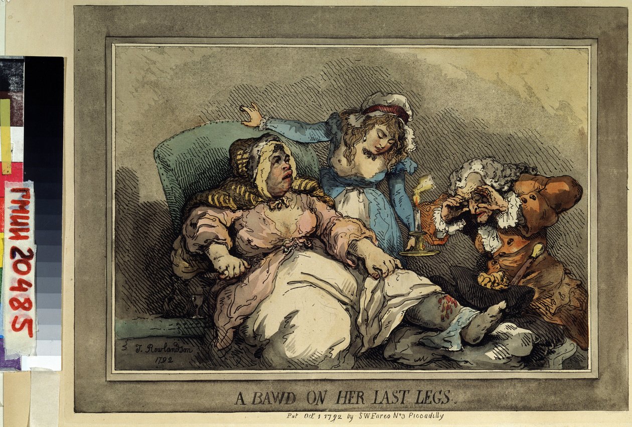 A bordell owner on her last leg (A bawd on her last legs) Tegning av Thomas Rowlandson (1756-1827). Fargeetsing, 27,4 x 37 cm av Thomas Rowlandson