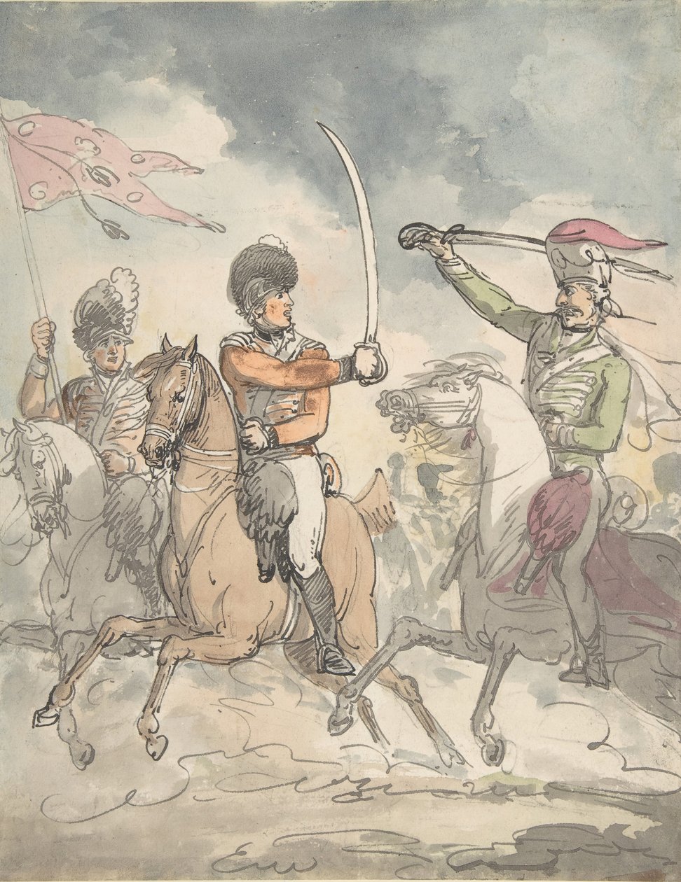 Ubrukt studie for en tallerken til Ungarsk og Highland Broadsword Exercise 12. februar 1799, ca 1799. av Thomas Rowlandson.