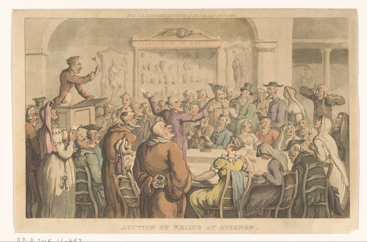 Veiling van relieken te Avignon Auksjon over relikvier i Avignon (tittel på objekt) av Thomas Rowlandson
