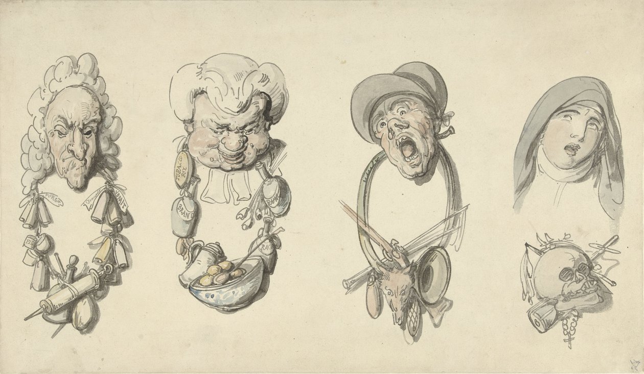 Fire karikaturlignende overskrifter av Thomas Rowlandson