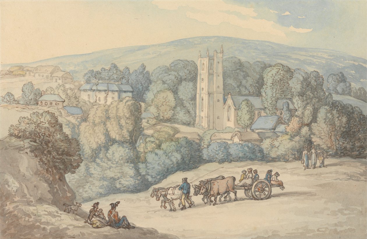 Utsikt over kirken og landsbyen St. Cue i Cornwall av Thomas Rowlandson