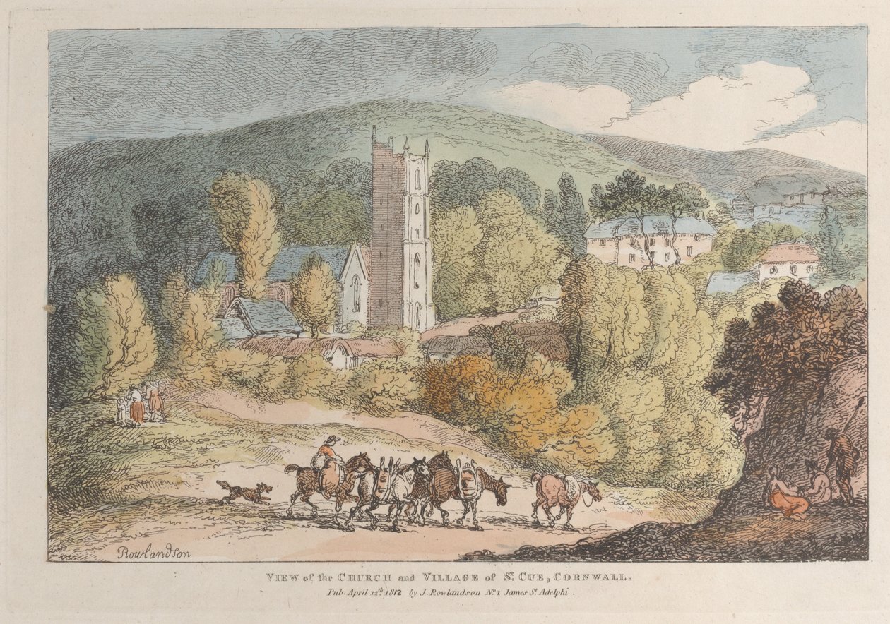 Utsikt over kirken og landsbyen St. Cue i Cornwall av Thomas Rowlandson