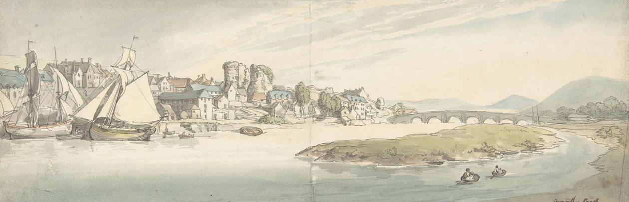 Utsikt over byen ved en elv Carwitham Castle, 1775-1827. av Thomas Rowlandson