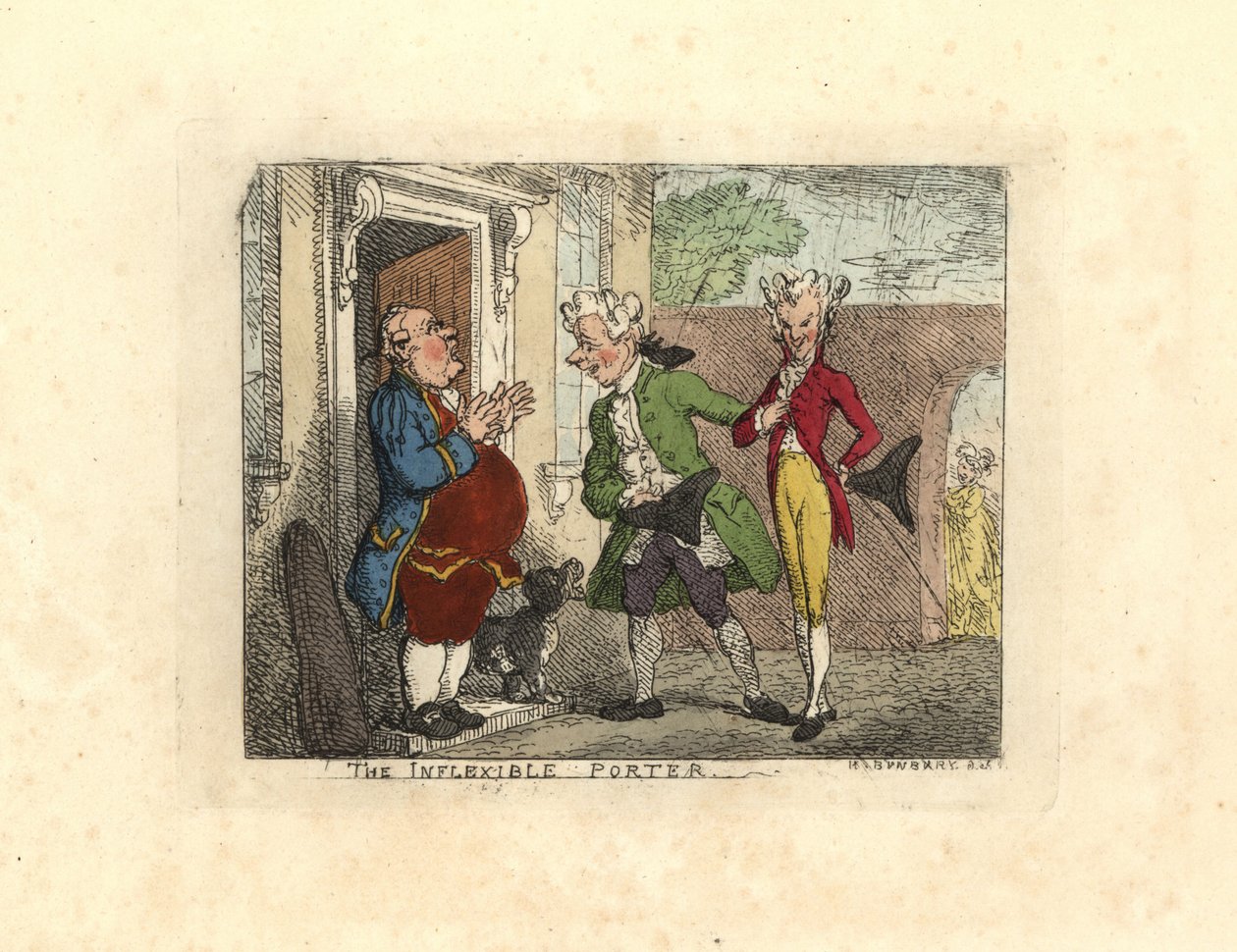 Besøkende herrer nektet adgang til et hus av en tjener. av Thomas Rowlandson