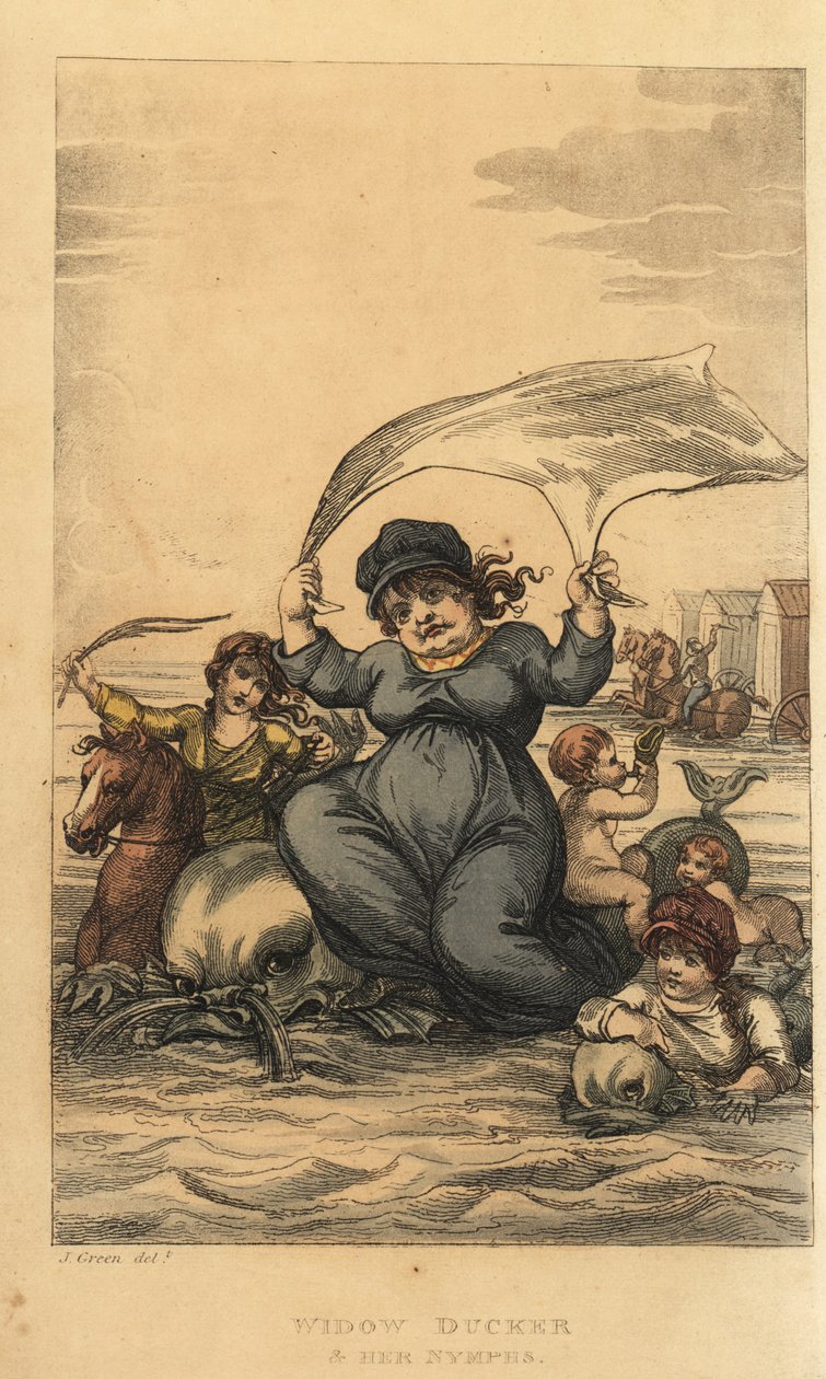 Enken Ducker og nymfene hennes. Kvinne og barn som bader i havet med delfiner og bademaskiner. Håndfarget kobberstikk av Thomas Rowlandson etter en skisse av J. Green fra Poetical Sketches of Scarborough, Ackermann, London av Thomas Rowlandson