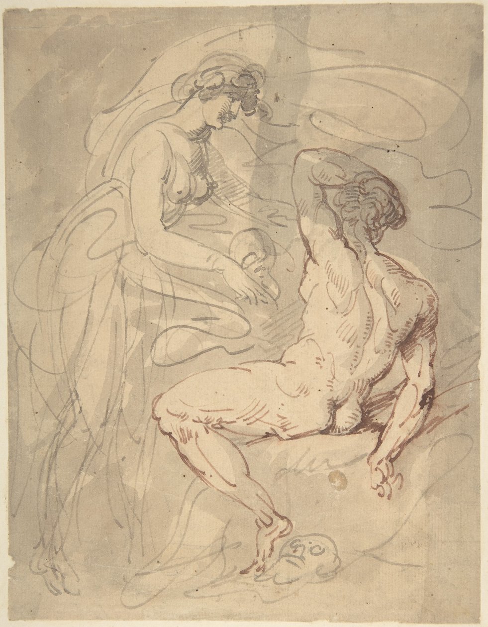 Kvinne som snakker med en sittende mannlig nakenmodell av Thomas Rowlandson