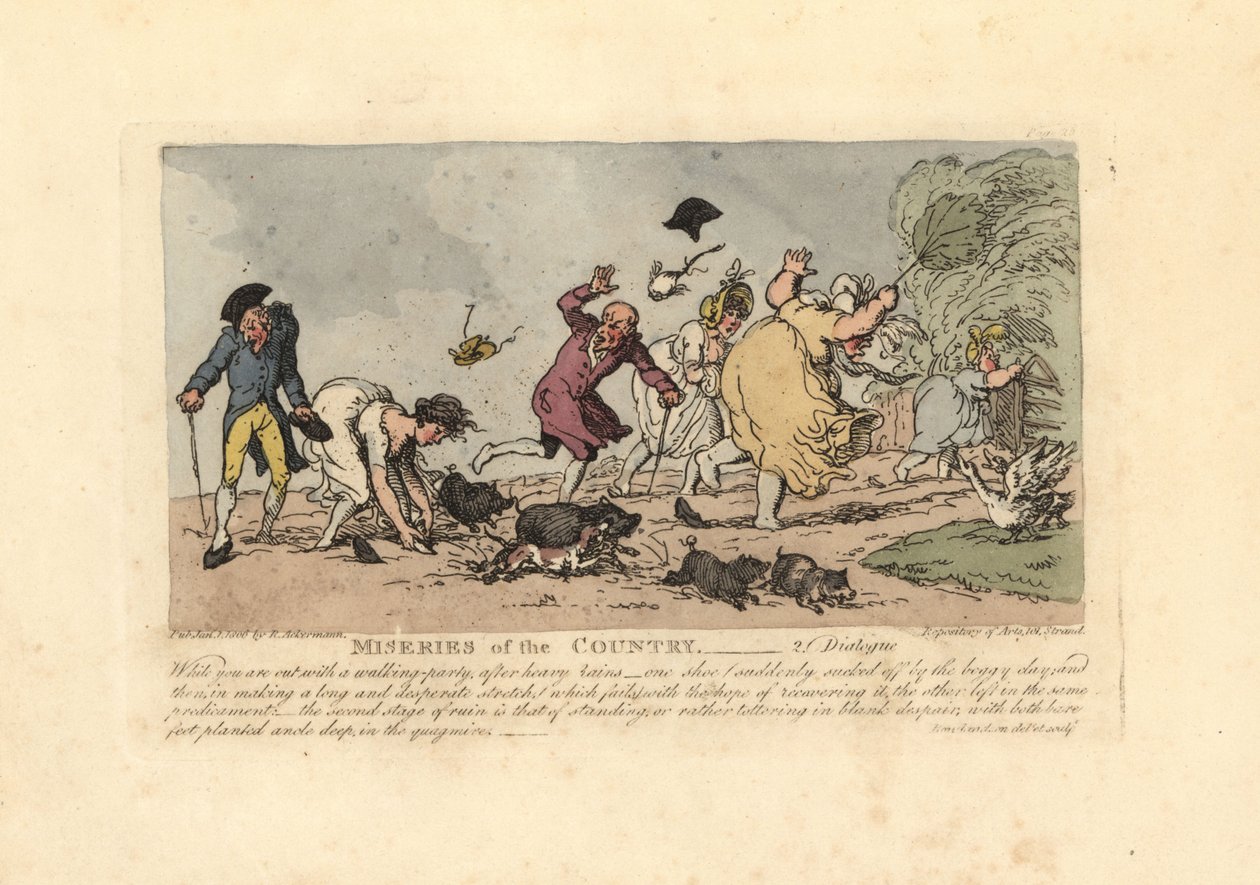 Kvinne i ferd med å falle med skoene fanget i gjørmen. av Thomas Rowlandson
