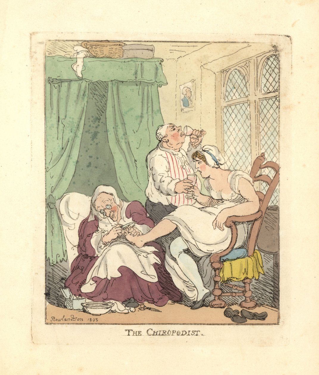 Kvinne som får føttene smertefullt behandlet av en fotterapeut. av Thomas Rowlandson