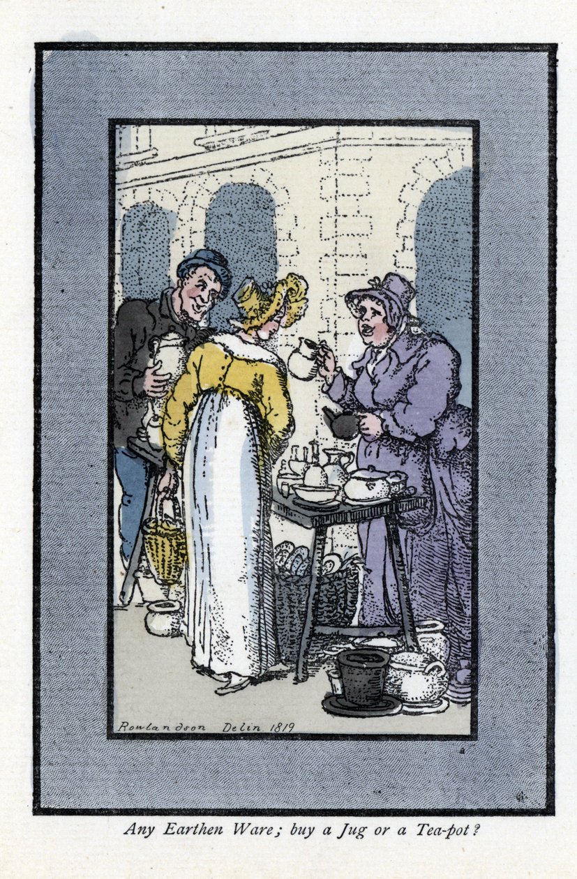 Kvinne som selger mugger, tekanner og boller har et gatehjørne. En elegant ung kvinne ser på varene. Tregravering, basert på et maleri av Thomas Rowlandson (1756-1827), publisert i The Cris of London: med seks sjarmerende barn og nesten 40 illust. av Thomas Rowlandson