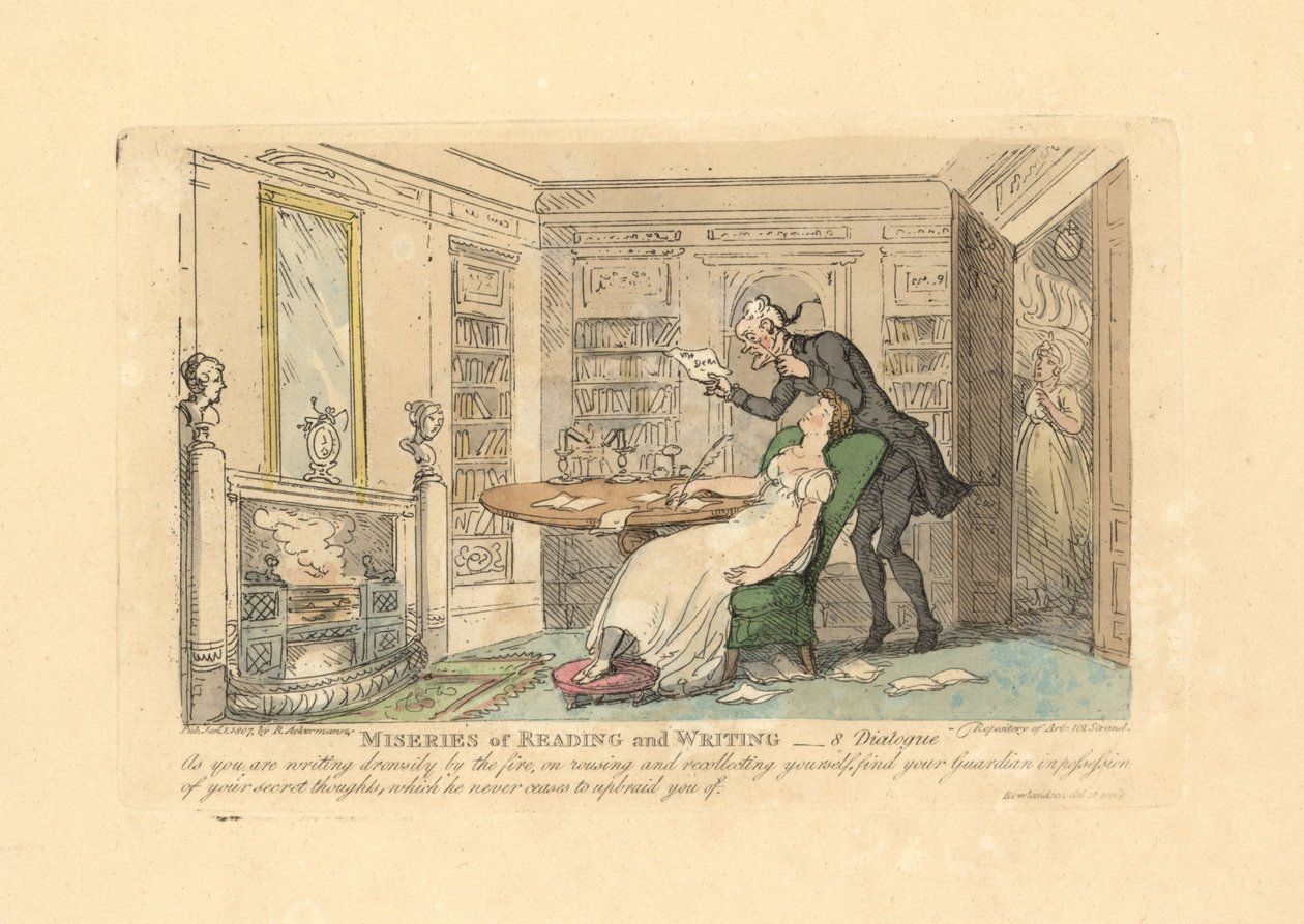 Kvinne som sover ved et skrivebord mens en mann leser hennes hemmelige tanker. av Thomas Rowlandson