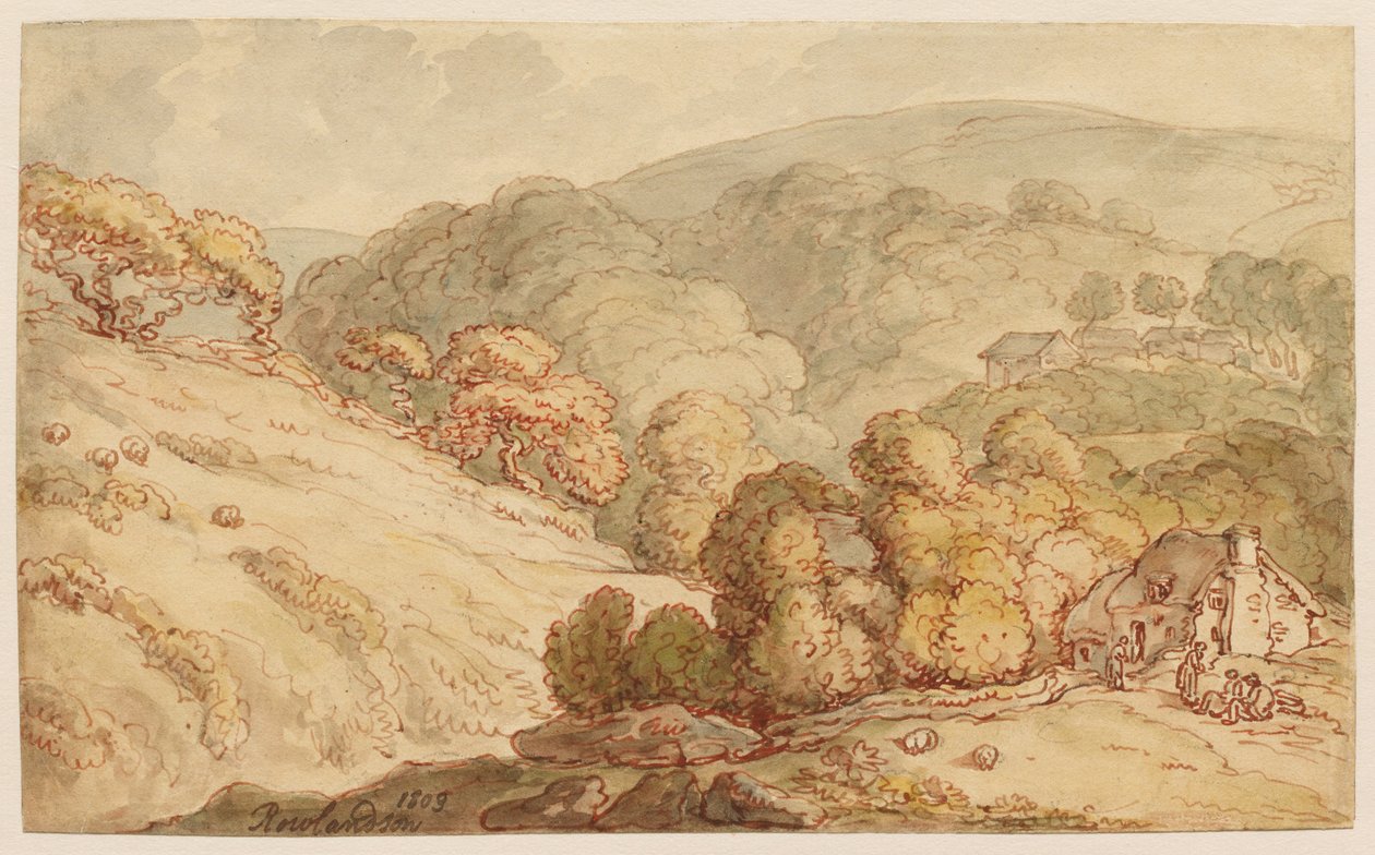 Skogkledd bakkelandskap med hytte og figurer av Thomas Rowlandson