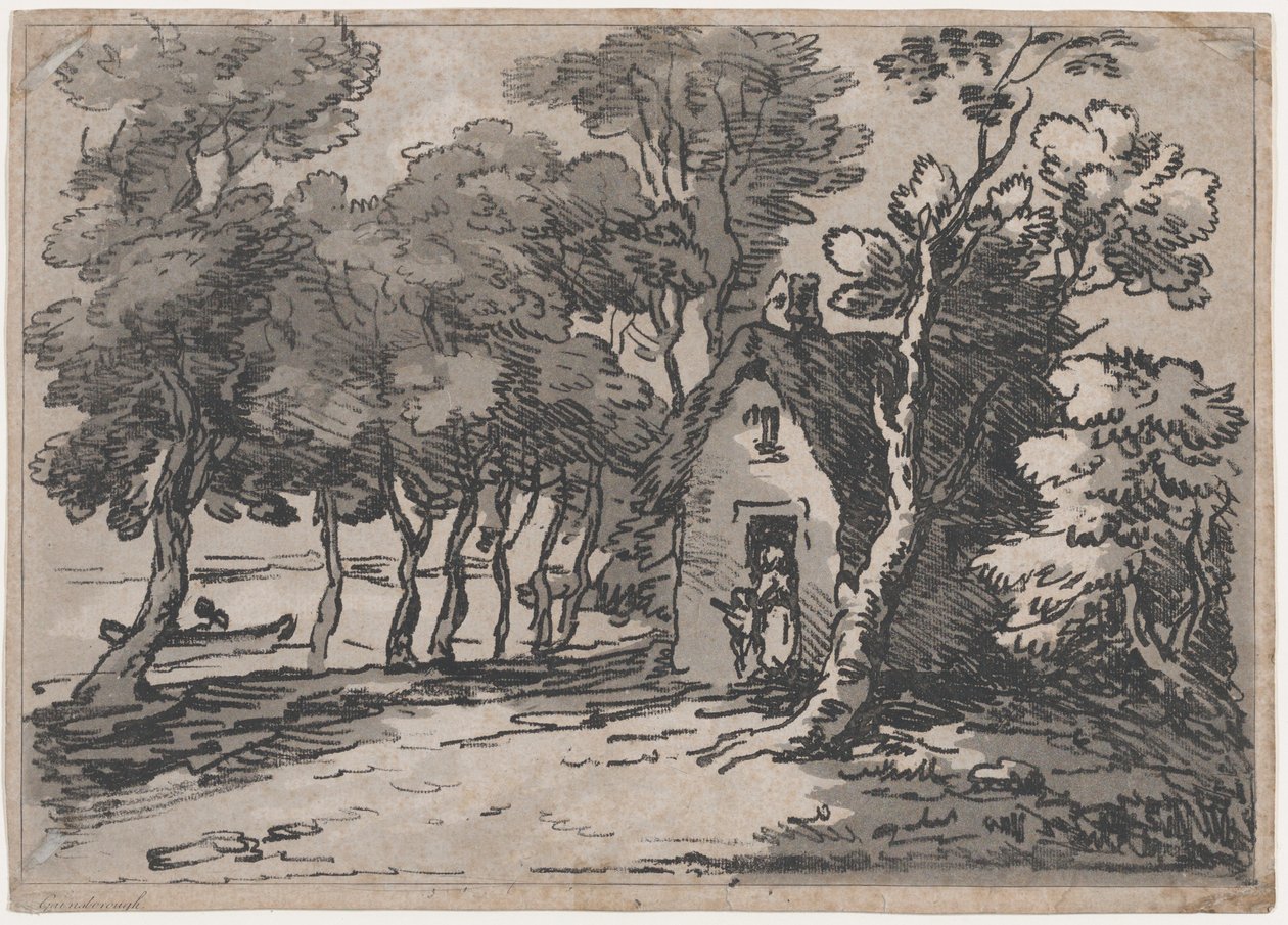 Skogkledd scene med figurer ved døren til en hytte, 1783-88., 1783-88. av Thomas Rowlandson