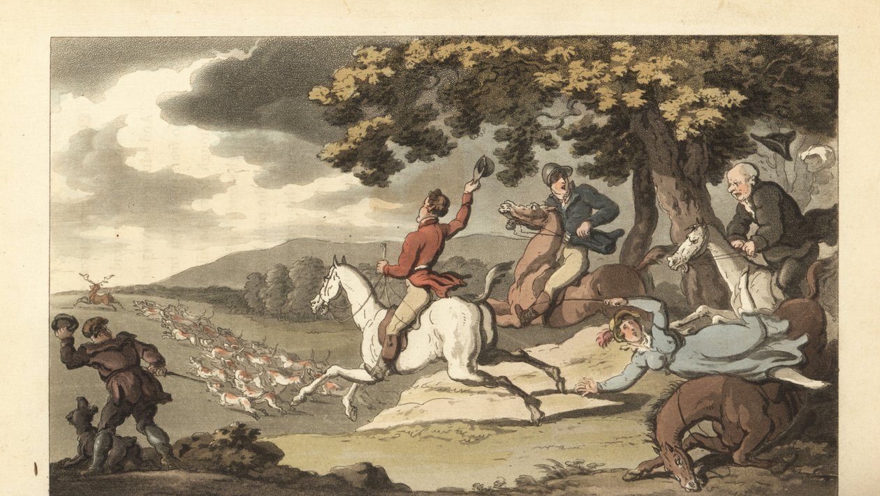 Ung engelsk herremann som rir med hunder i en hjortjakt av Thomas Rowlandson
