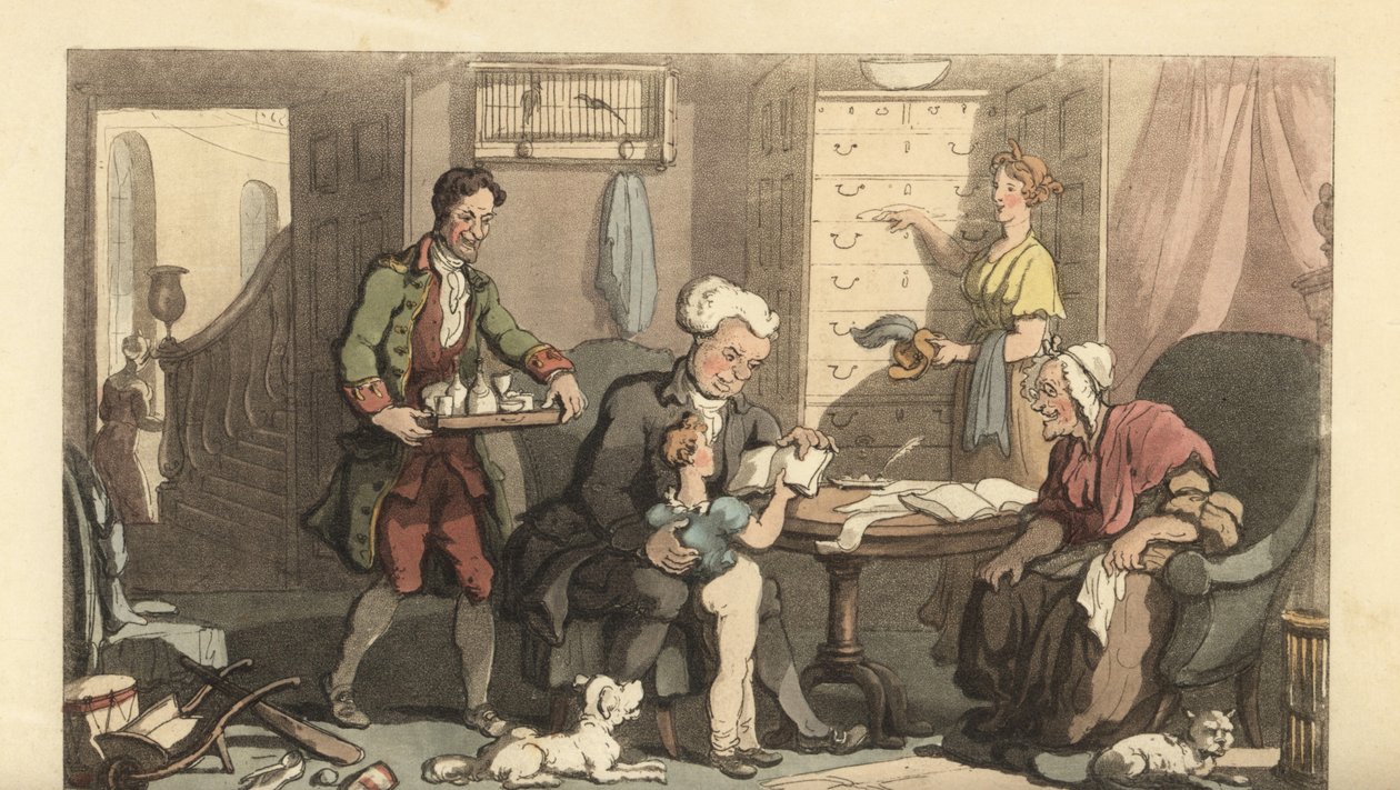 Ung gutt på leksjoner med en lærer og bestemoren hans av Thomas Rowlandson