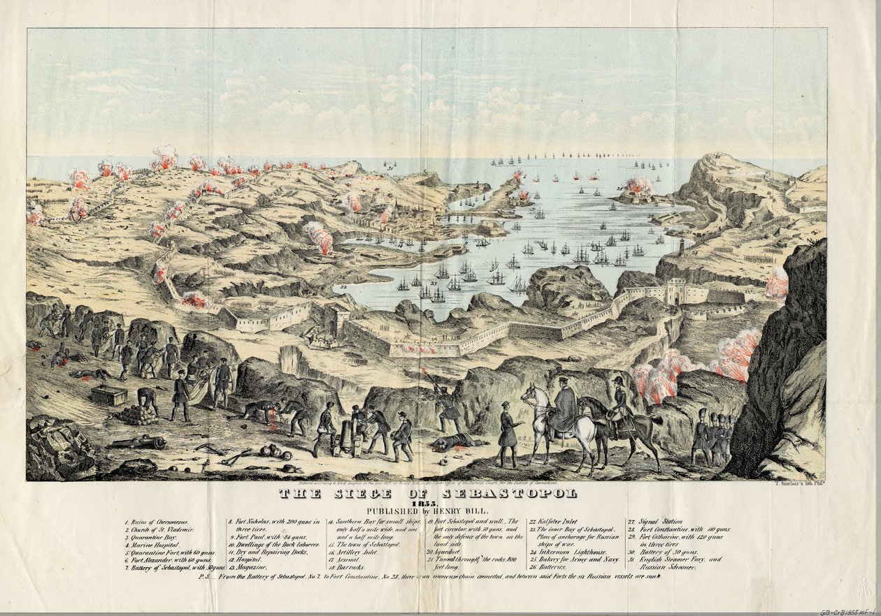 Le siege de Sebastopol (1854-1855) - The Siege of Sevastopol - Sinclair, Thomas S. (ca. 1805-1881) - 1855 - Litografi, akvarell - 30,5x43,6 - Privat samling av Thomas S. Sinclair