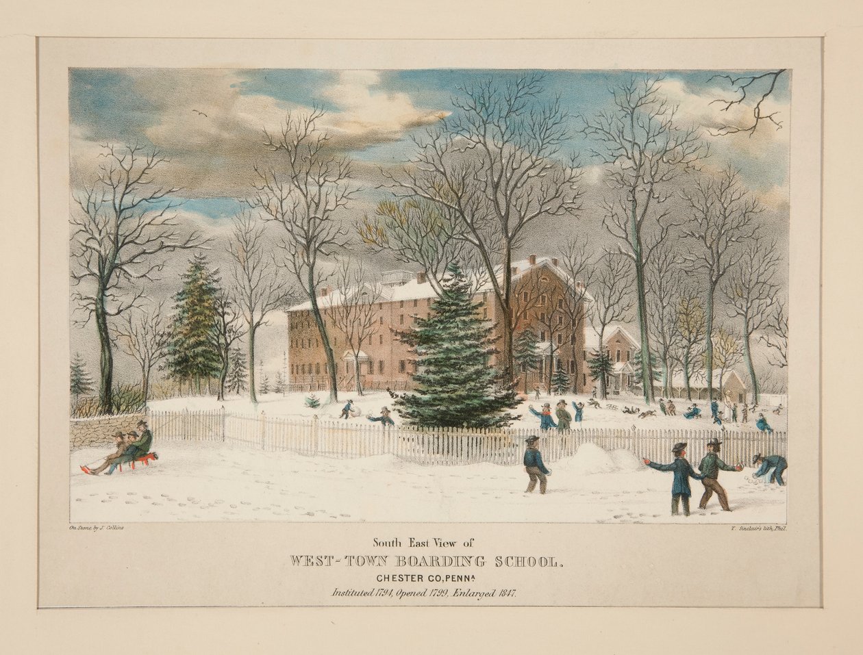 West-Town Boarding School (sørøstutsikt), Chester Co., Pa. av Thomas S. Sinclair