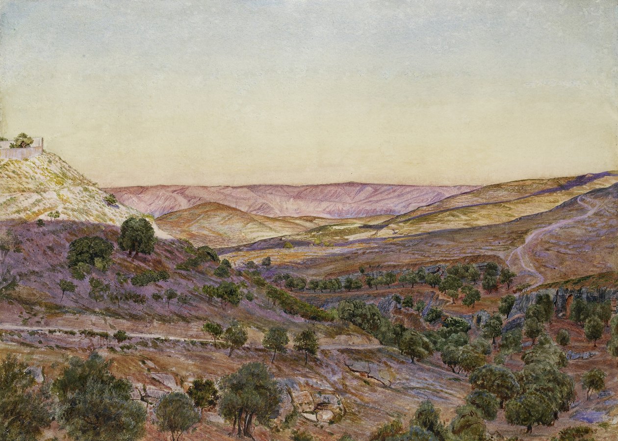 The Hills of Moab and the Valley of Hinnom, 1854 (akvarell og kroppsfarge) av Thomas Seddon