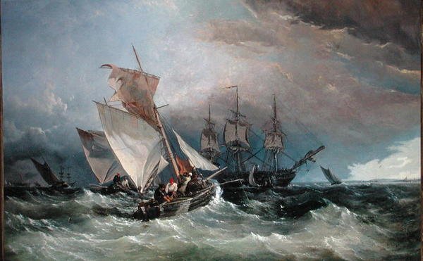Shrimp Cutters off the Nore, Sheerness in the Distance, ca. 1854 (olje på lerret) av Thomas Sewell Robins