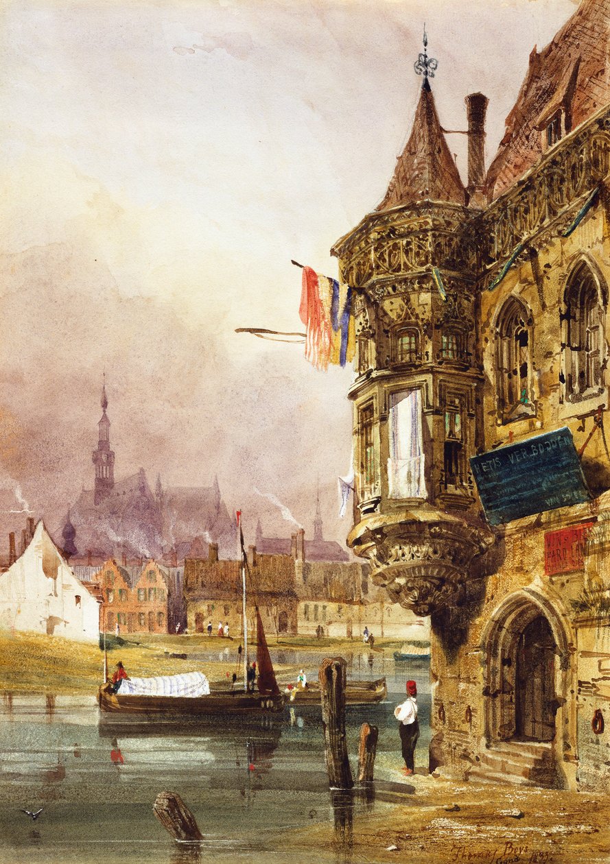 En figur ved siden av en bygning, Ghent, med lektere på elven Leye bortenfor, 1833 av Thomas Shotter Boys