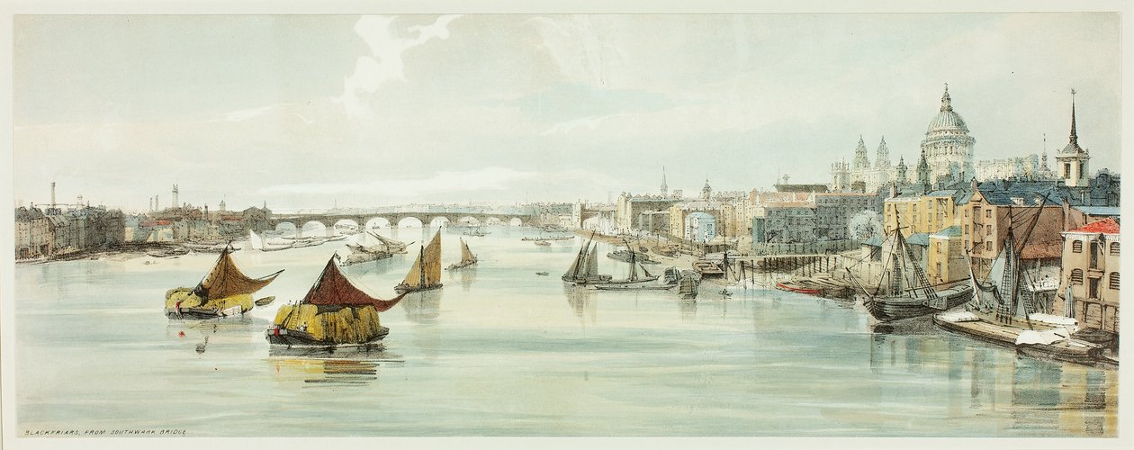 Blackfriars, fra Southwark Bridge, plate seks fra Original Views of London as It Is av Thomas Shotter Boys