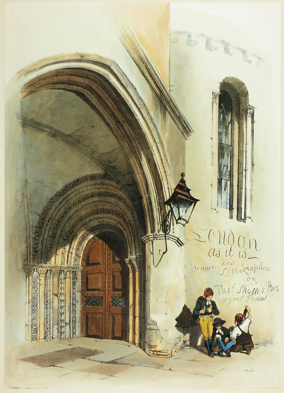 Døråpning, tempel, frontispice til Original Views of London as It Is av Thomas Shotter Boys