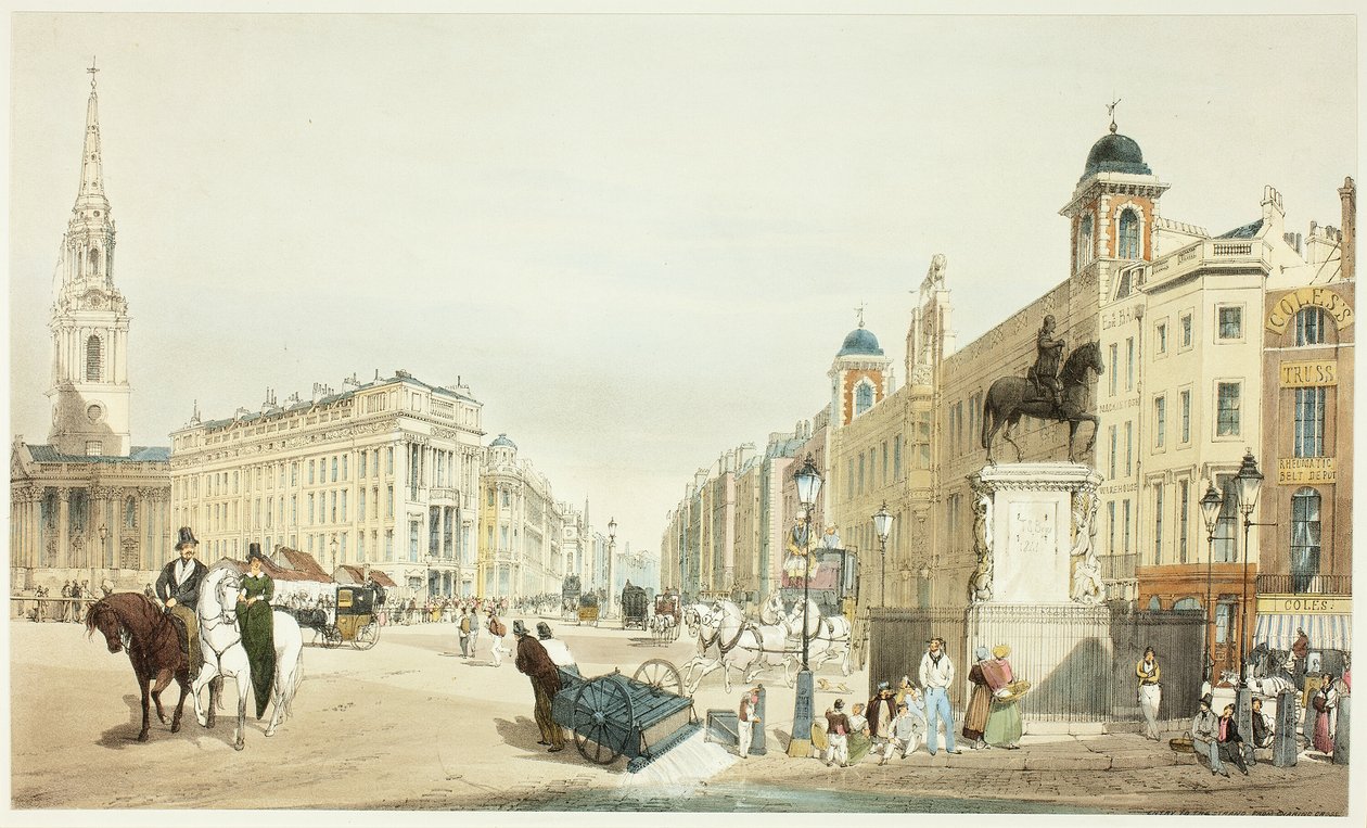 Inngang til The Strand fra Charing Cross, tallerken tjue fra Original Views of London as It Is av Thomas Shotter Boys