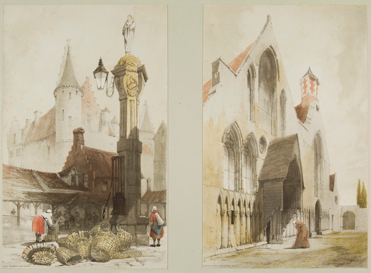 Fiskemarkedet, Antwerpen og Hospice des Vieillards, Cand, fra pittoresk arkitektur i Paris, Gent, Antwerpen, Touen, etc. av Thomas Shotter Boys