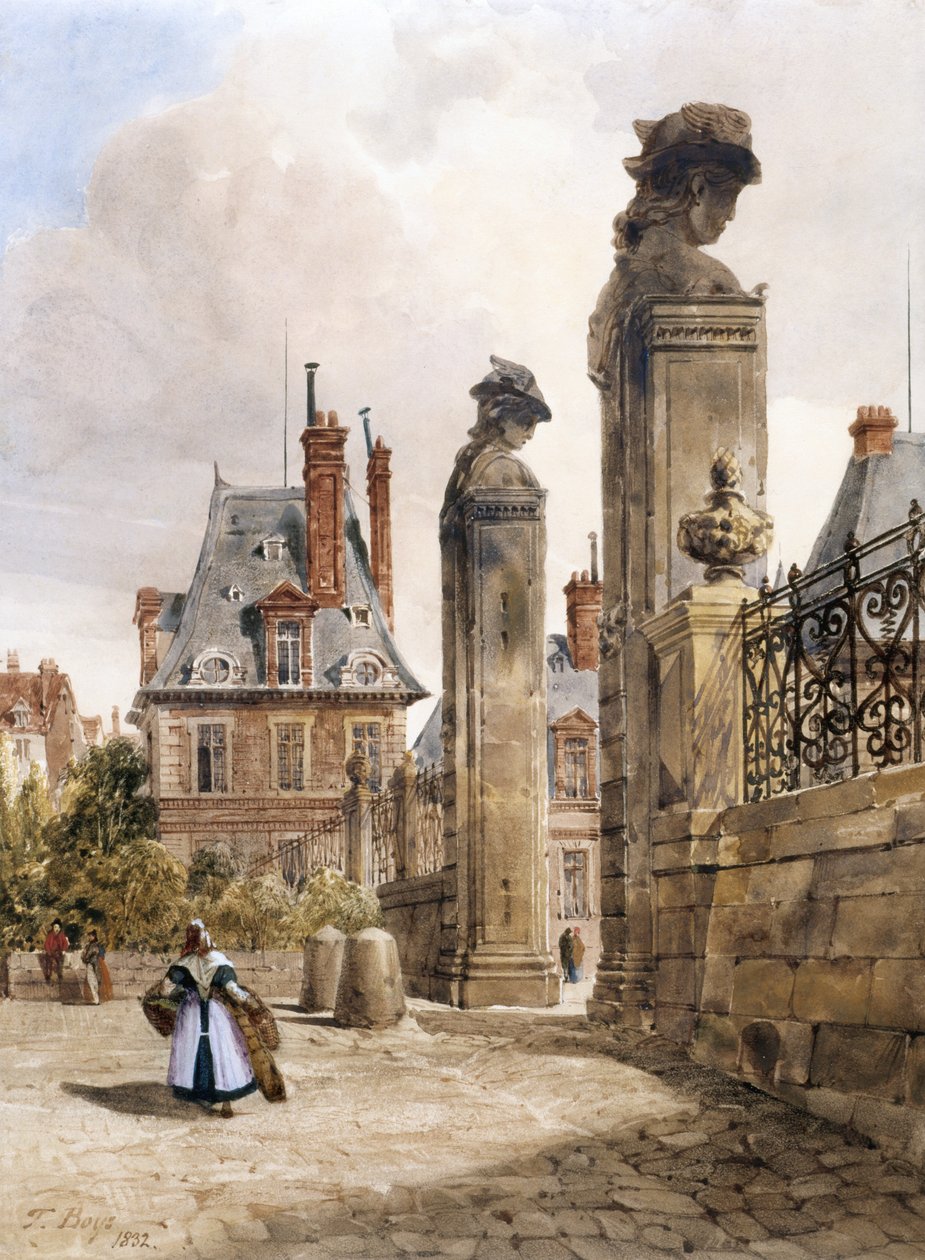 Grille Des Hermès, Porte Dauphine, Palace of Fontainebleau (akvarell med innslag av gummi arabicum på hvitt papir) av Thomas Shotter Boys