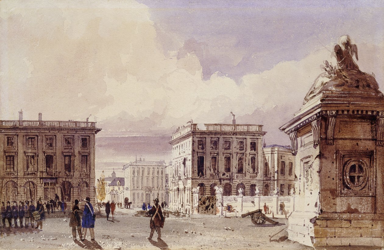 Hotel de Bellevue og Cafe d"Amitie sett fra parken, Brussel, 1830 av Thomas Shotter Boys