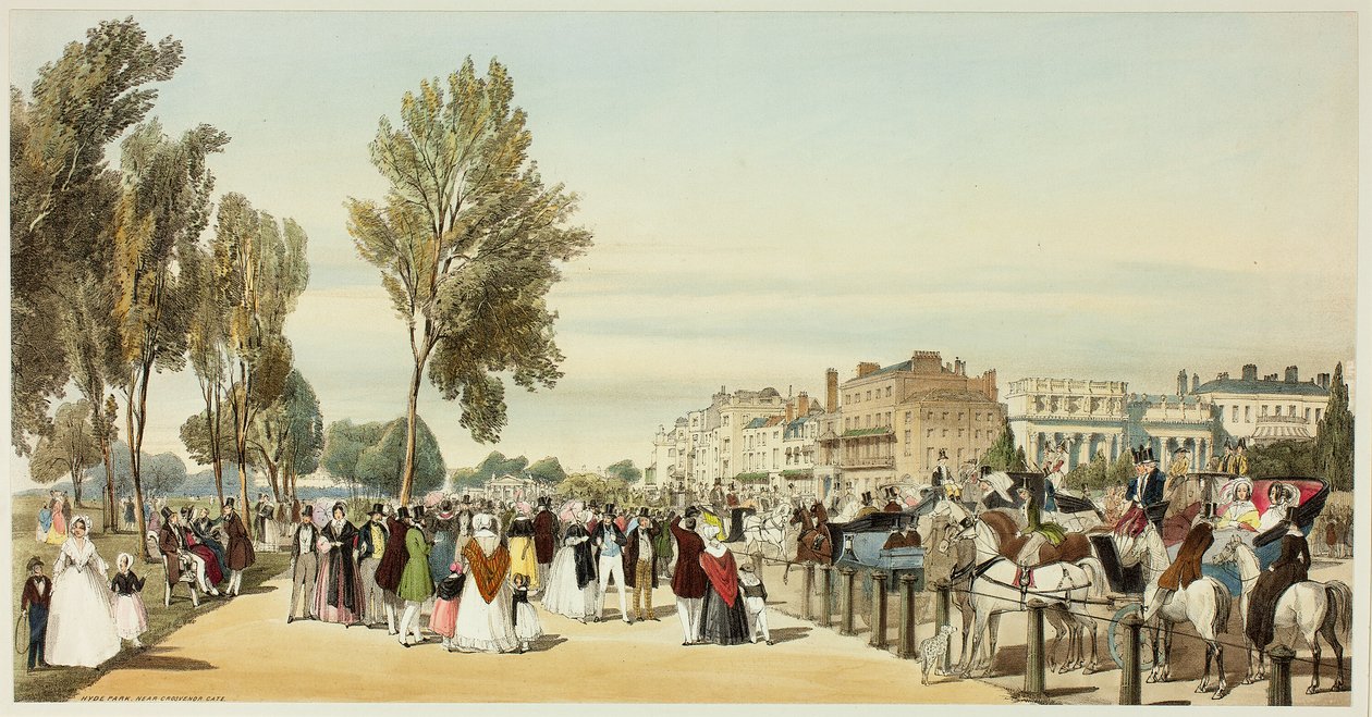Hyde Park nær Grosvenor Gate, plate seksten fra Original Views of London as It Is av Thomas Shotter Boys