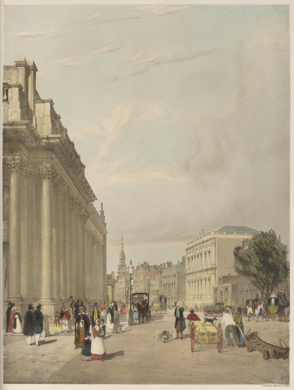 London As It Is: Board of Trade, Whitehall, fra Downing Street av Thomas Shotter Boys