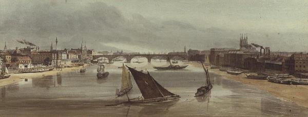 London Bridge fra Southwark Bridge (monument til venstre) av Thomas Shotter Boys