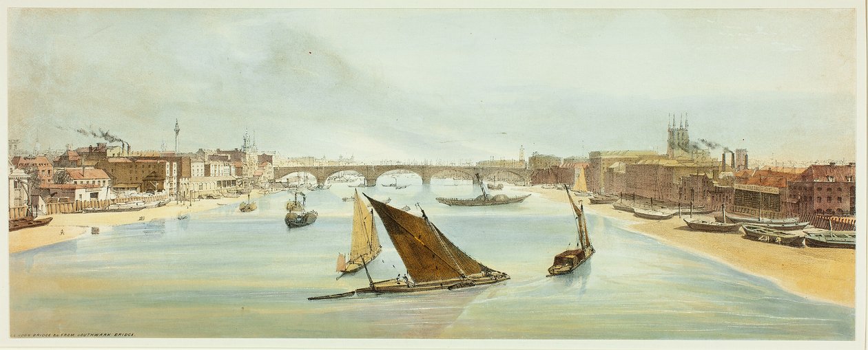 London Bridge, fra Southwark Bridge, plate fire fra Original Views of London as It Is av Thomas Shotter Boys