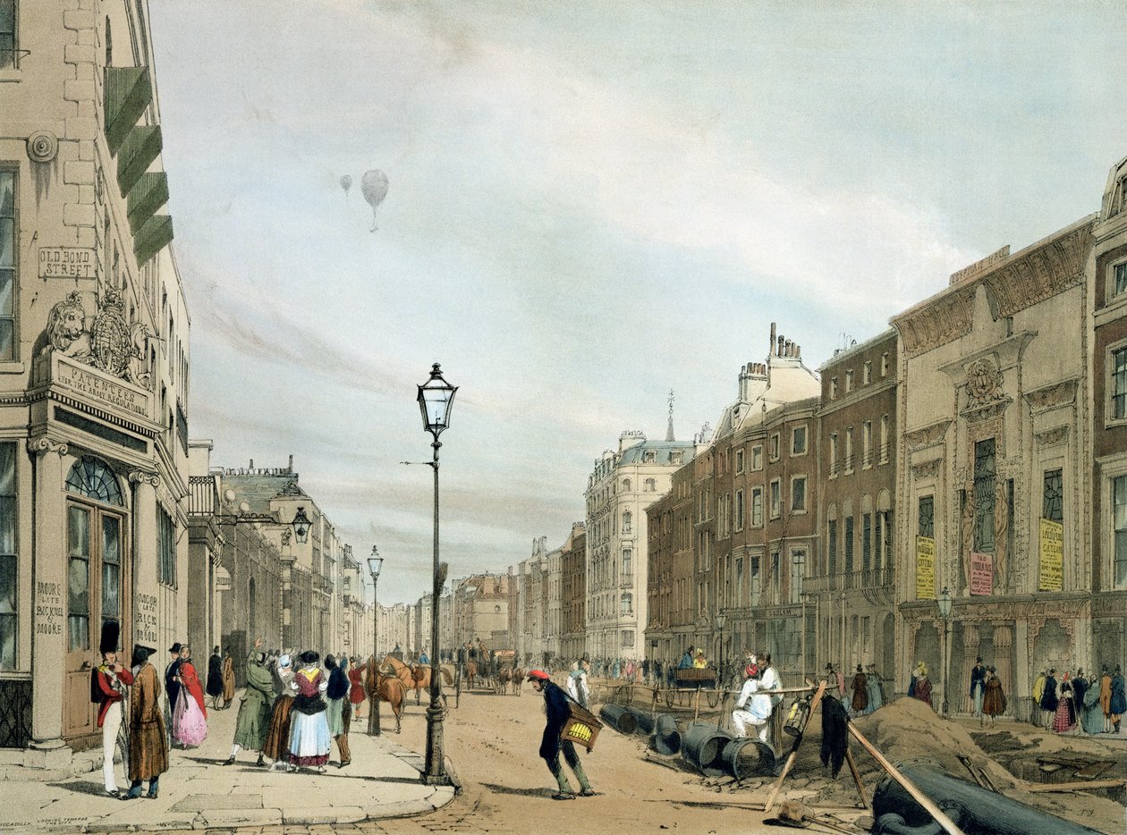 Piccadilly fra hjørnet av Old Bond Street, fra 'London As It Is', gravert og utgitt av kunstneren av Thomas Shotter Boys