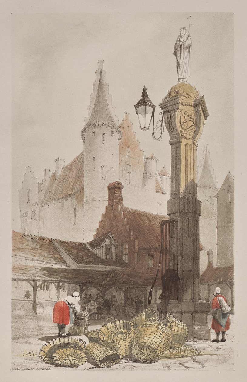 Pittoresk arkitektur i Paris, Gent, Antwerpen, Rouen: Fiskemarkedet, Antwerpen, Belgia av Thomas Shotter Boys