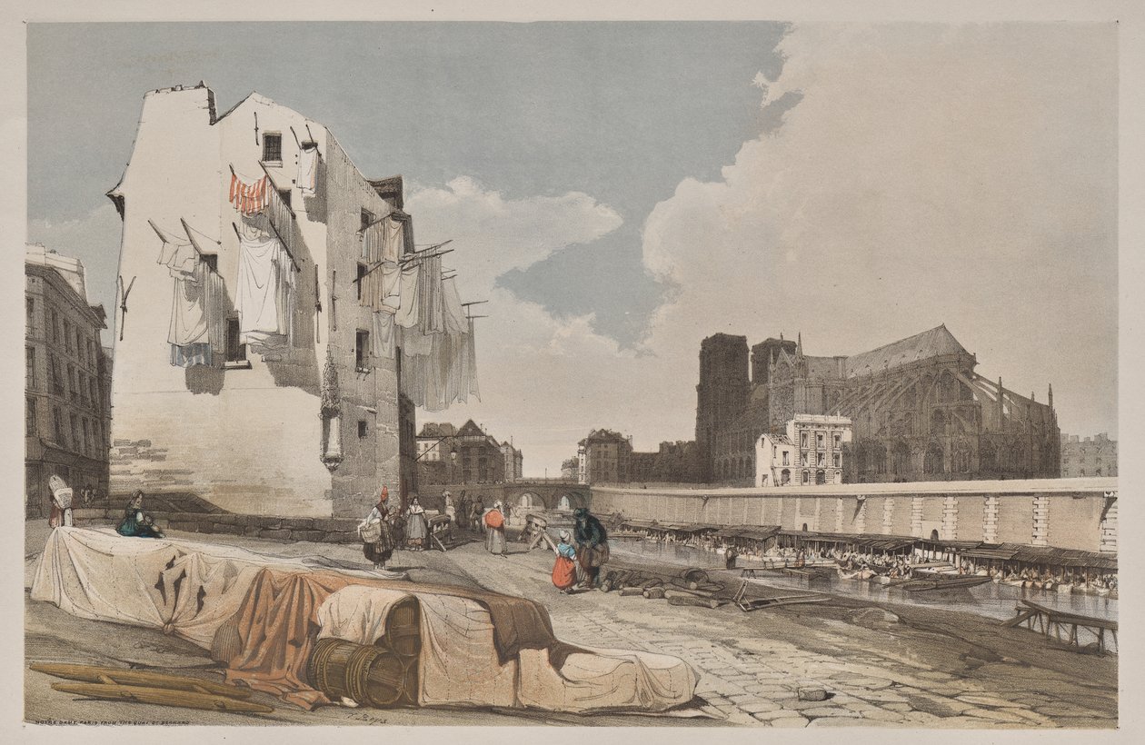 Pittoresk arkitektur i Paris, Gent, Antwerpen, Rouen: Nôtre Dame, Paris, fra Quai St. Bernard av Thomas Shotter Boys