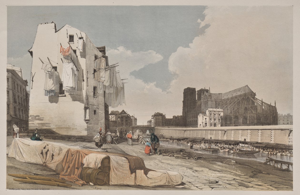 Pittoresk arkitektur i Paris, Gent, Antwerpen, Rouen: Nôtre Dame, Paris, fra Quai St. Bernard av Thomas Shotter Boys