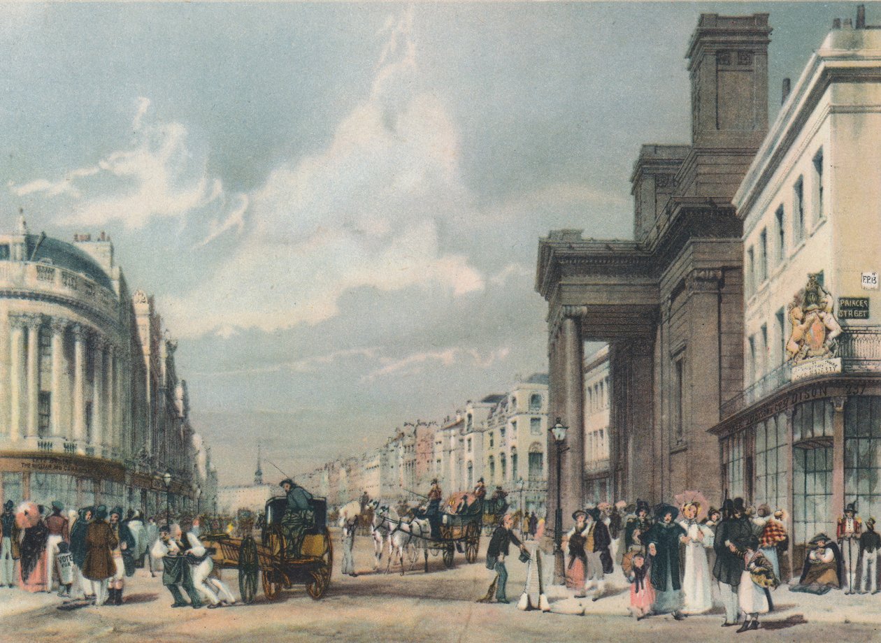 Utsikt over Regent Street med utsikt mot kvadranten med Hannover-kapellet i forgrunnen, 1842 av Thomas Shotter Boys