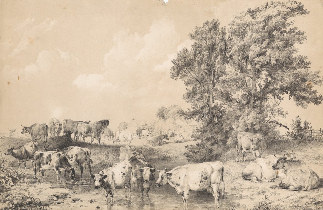 En kvegflokk på en elvebredd av Thomas Sidney Cooper