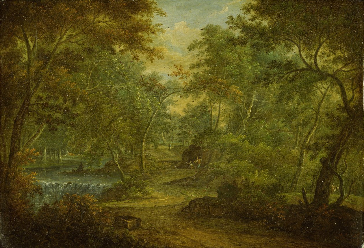 Et skogkledd landskap med en bekk og en fisker (olje på kobber) av Thomas Smith of Derby