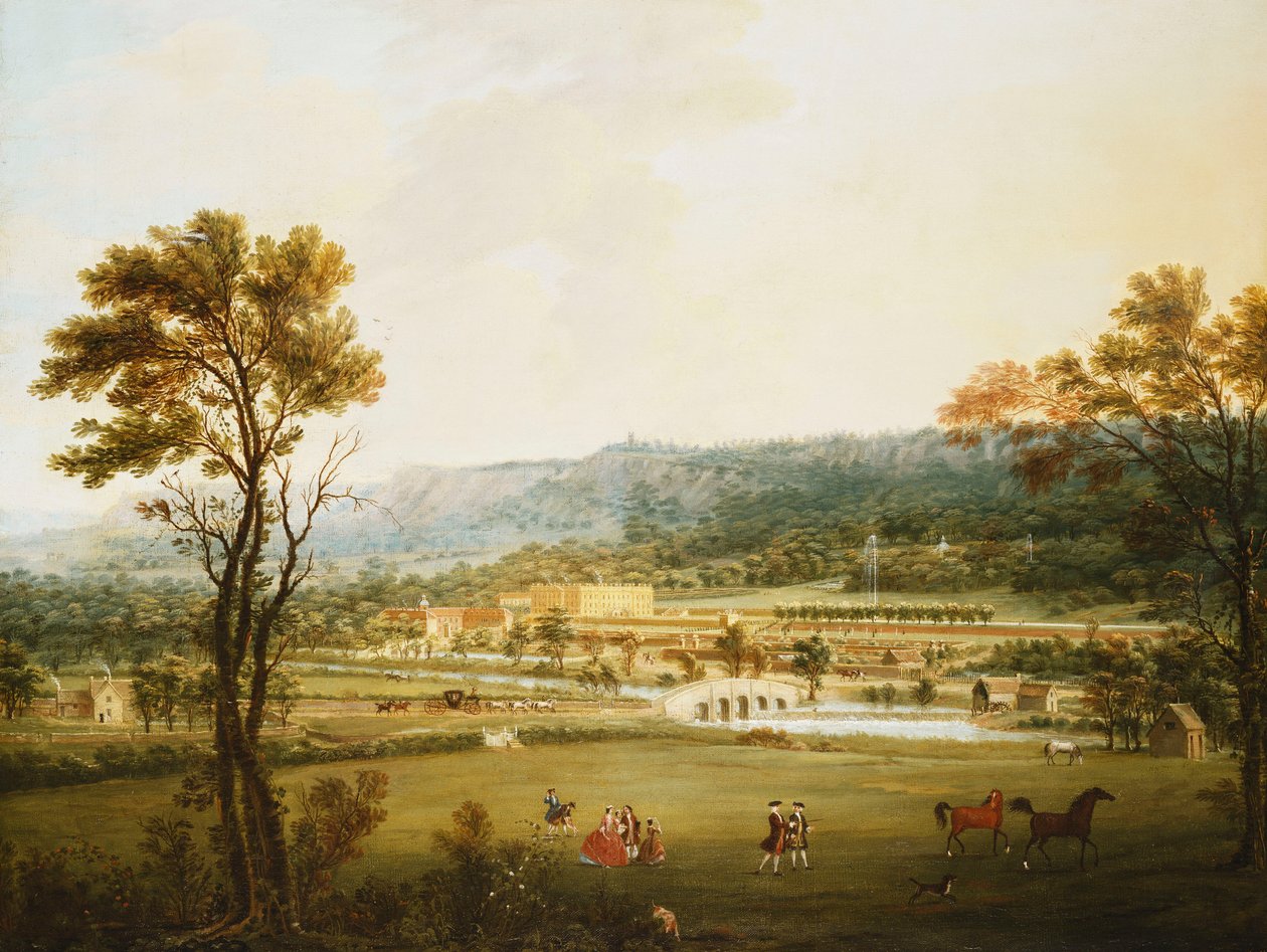 En omfattende utsikt over Chatsworth, Derbyshire fra sørvest, av Thomas Smith of Derby