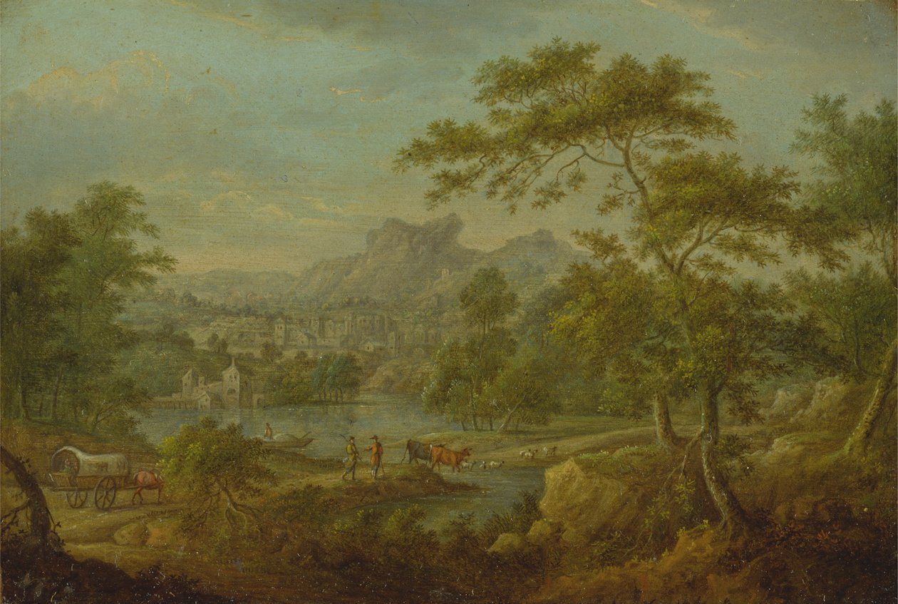 Et imaginært landskap med en vogn og en fjern utsikt over en by av Thomas Smith of Derby
