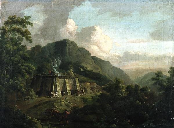 Skoglandskap, med arbeidere og hester som arbeider i en kalkovn (olje på lerret) av Thomas Smith of Derby