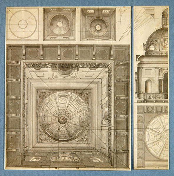 Design for et kuppelformet og søyletak (penn, blekk og vask) av Thomas Snr. Malton