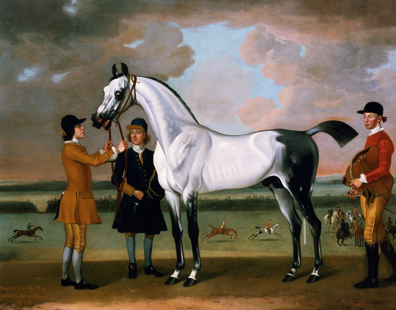 Hertugen av Boltons "Starling" med en jockey og brudgom på Newmarket av Thomas Spencer